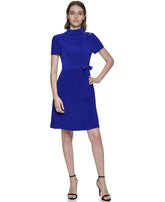 DKNY Women's Short Sleeve Funnel Neck Belted Fit & Flare, Berry Blue, 10